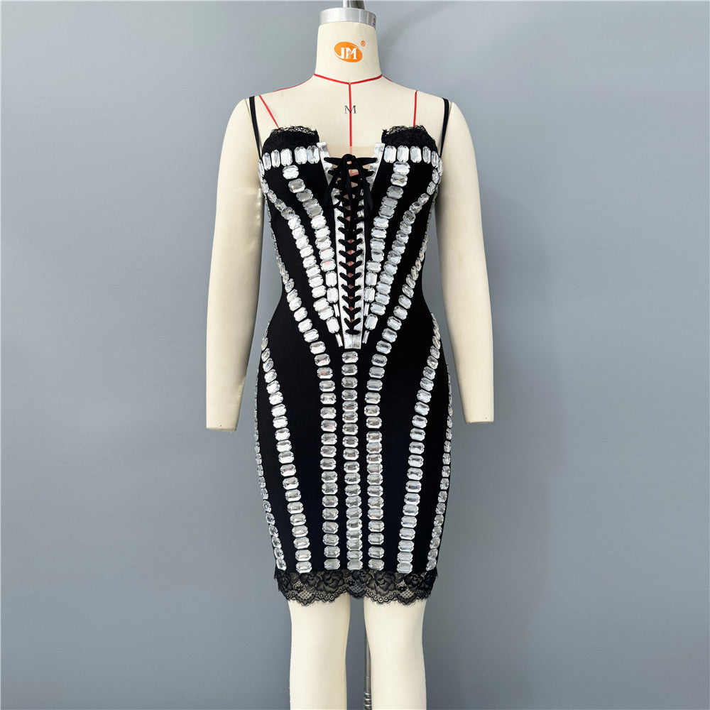 Spaghetti Strap Sweetheart Lace Up Rhinestone Mesh Corset Bodycon Mini Dress 2