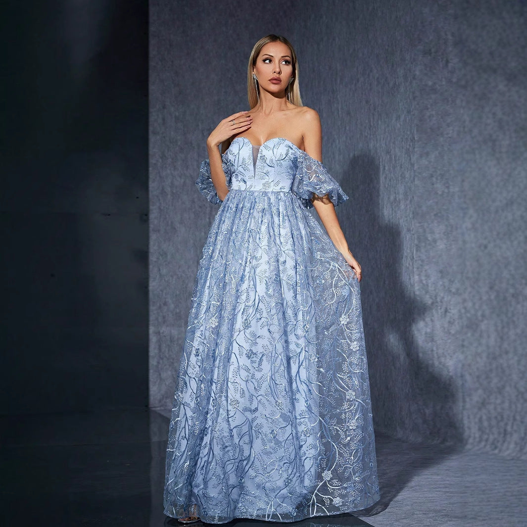 Off-Shoulder Puff Sleeve Floral Embroidered Mesh Ball Gown Maxi Dress