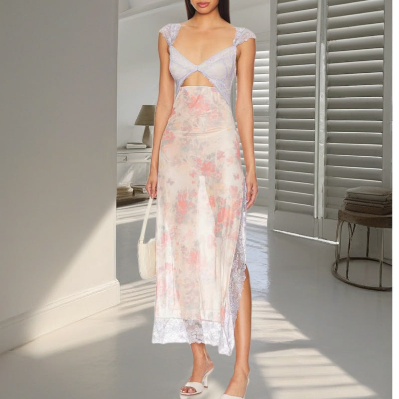 Sweetheart Lace Trim Floral Mesh High Slit Midi Dress