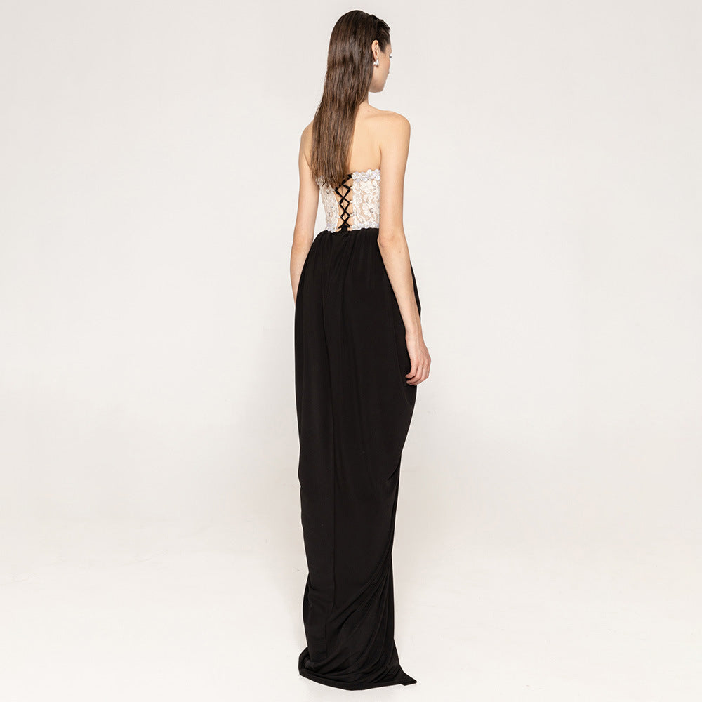 Lace Embellished Strapless Corset Basque Waist High Split Maxi Gown 4