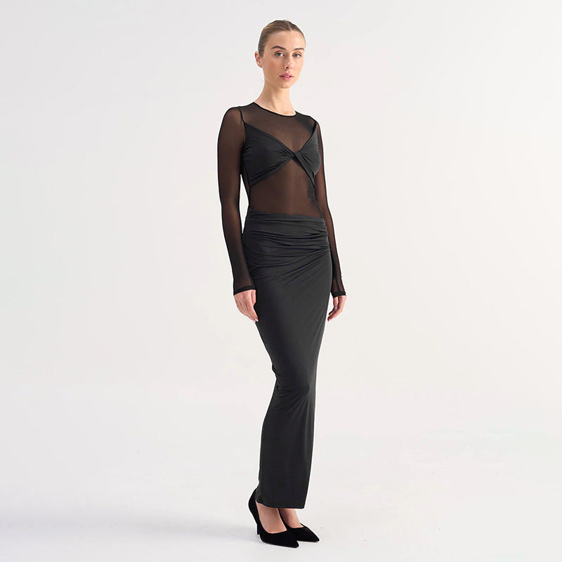 Sheer Mesh Twist Knot Bodice Ruched Waist Long Sleeve Maxi Dress 4