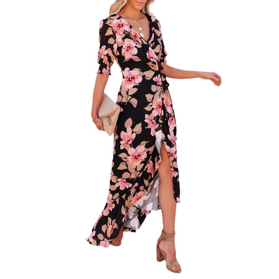 Floral Print Wrap V-Neck Puff Sleeve Ruffle Trim High-Low Maxi Dress 5