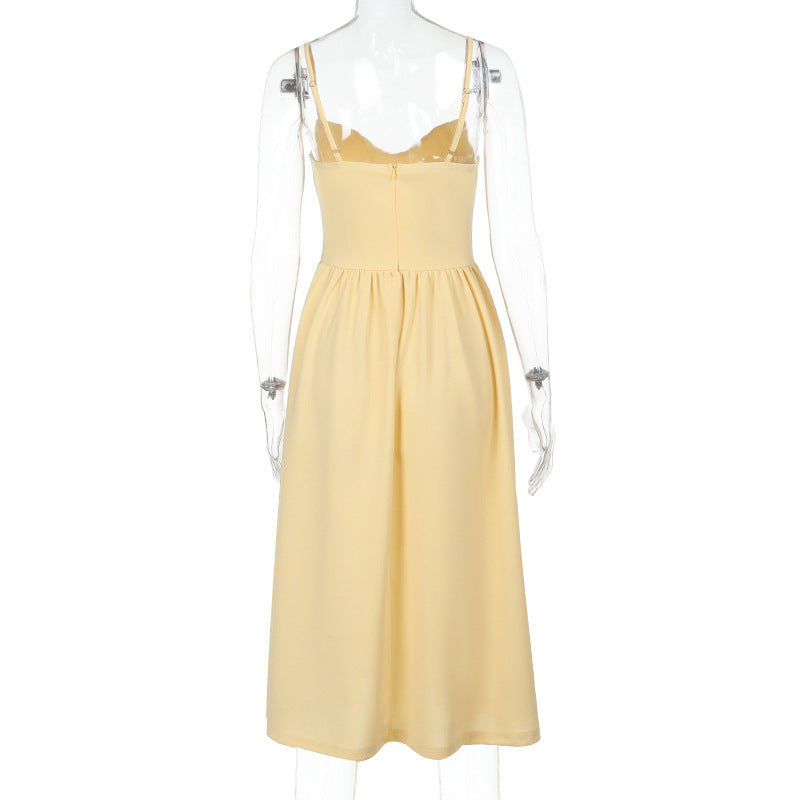 Sweetheart Spaghetti Strap Corset Bodice Pleated Pocket Midi Dress 9