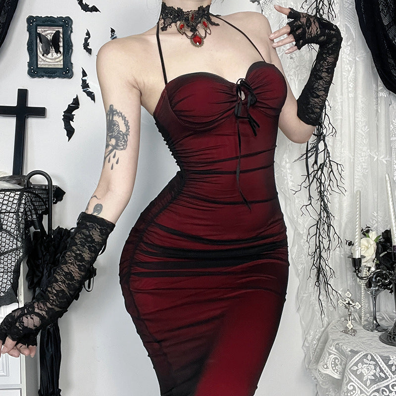 Contrast Mesh Sweetheart Lace Up Halter Ruched Bodycon Maxi Dress 3