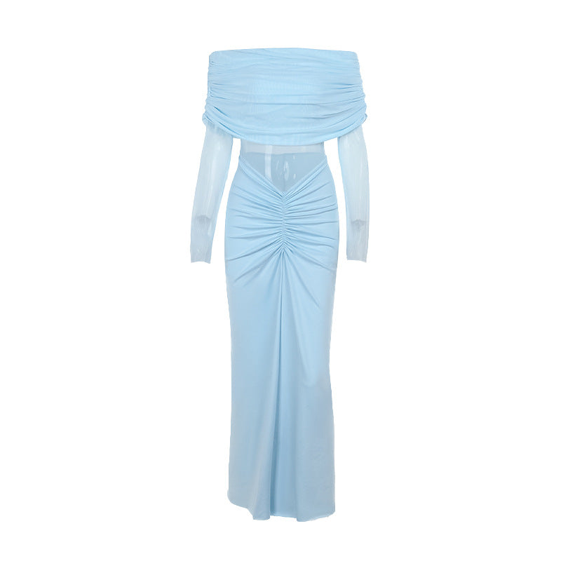 Off Shoulder Mesh Pleated Ruched Bodycon Maxi Dress 5