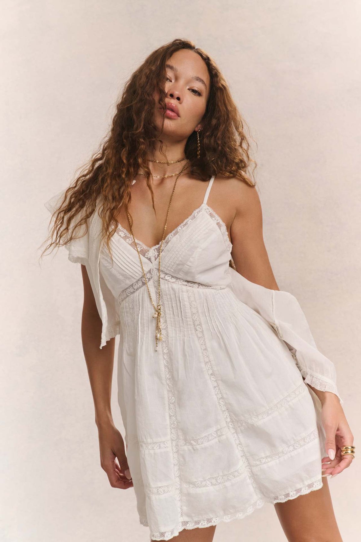 Lace Insert Pintuck Deep V Spaghetti Strap Tiered Ruffle Mini Dress