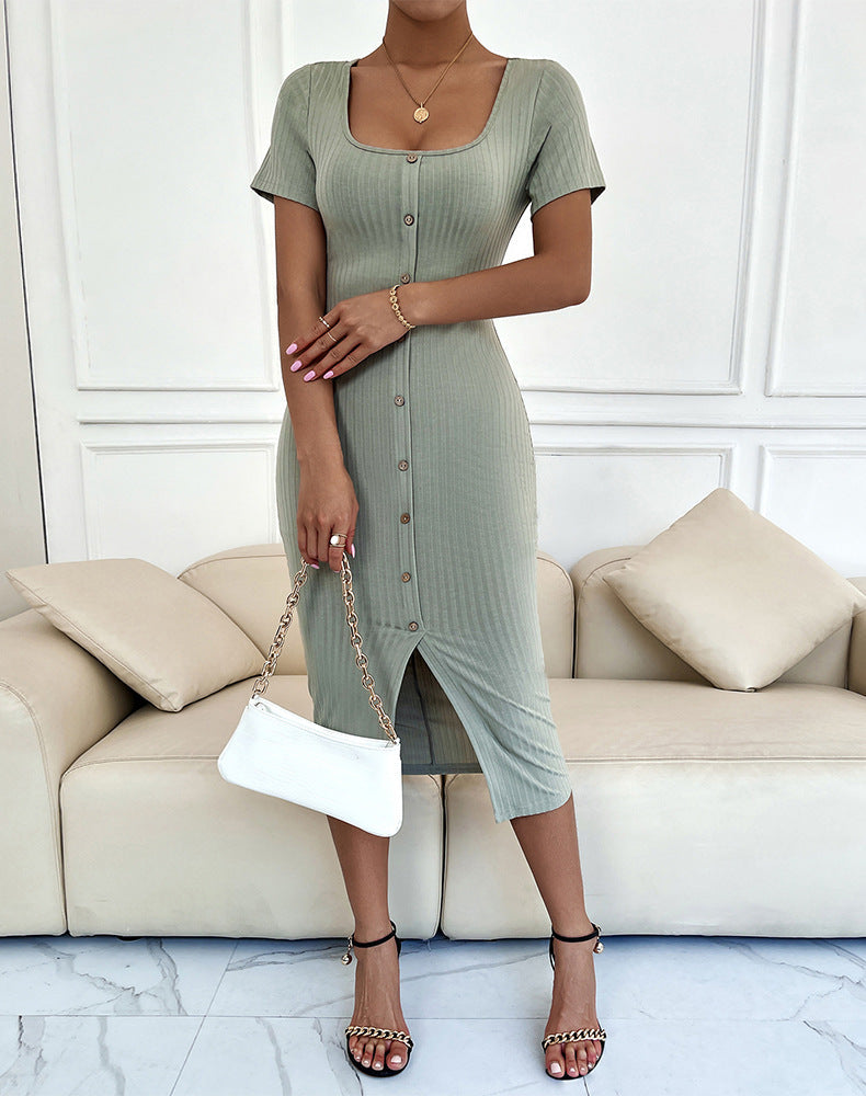 Collared Button Down Rib Knit Midi Shirt Dress