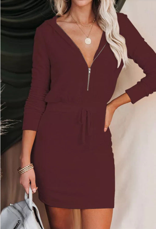 Hooded Quarter Zip Drawstring Waist Mini Sweater Dress