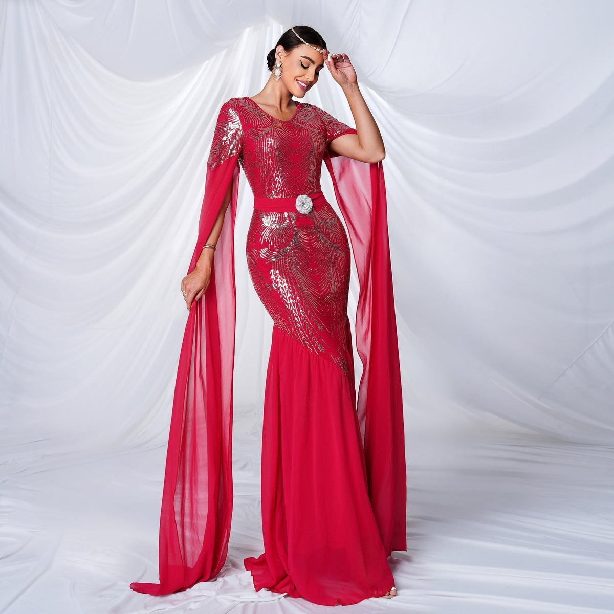 Sequin Feather Motif Belt Cape Sleeve Mermaid Maxi Gown 2