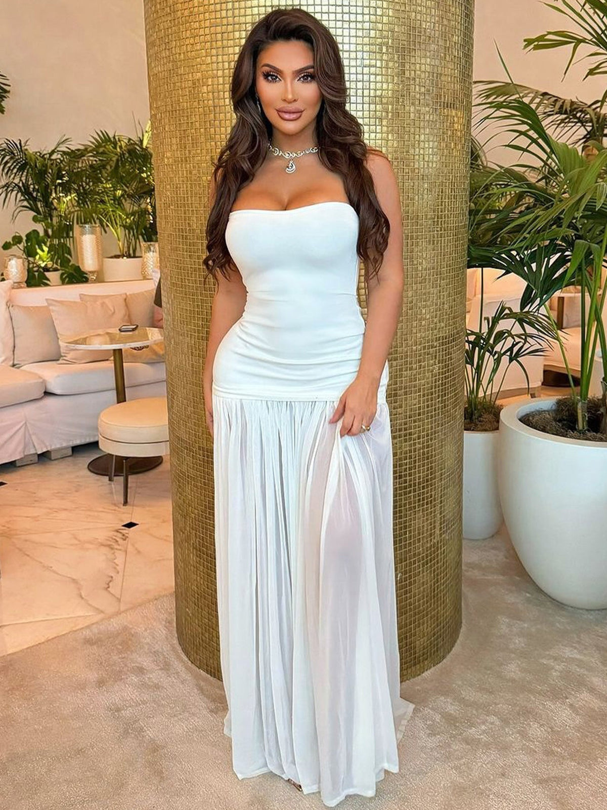 Strapless Ruched Bodice Sheer Pleated High Slit Maxi Gown