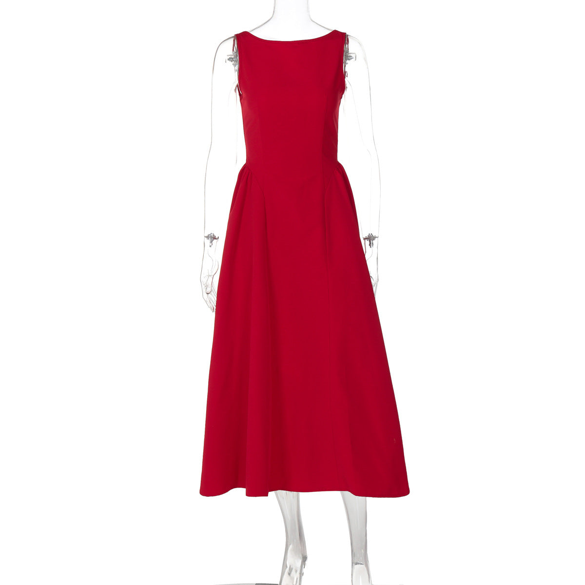 Boat Neck Sleeveless Fitted Waist Flared Gathered Midi Dress 6