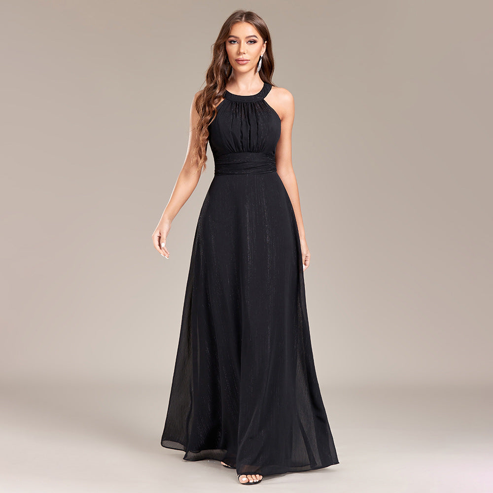 Halter Neck Pleated Bodice High Waist A-Line Floor Length Gown 3