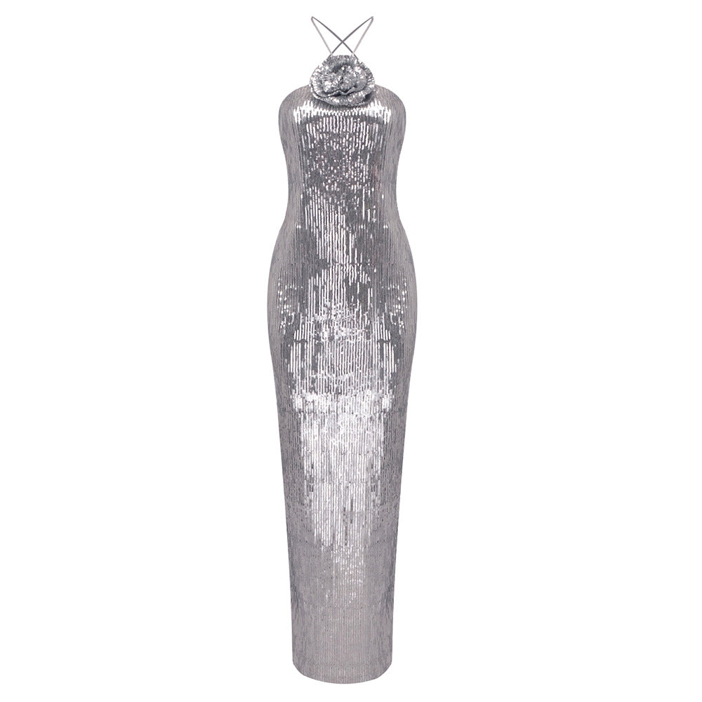 Halter Rosette Sequin Column Maxi Gown 2