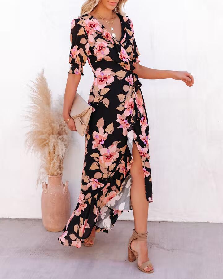 Floral Print Wrap V-Neck Puff Sleeve Ruffle Trim High-Low Maxi Dress 6