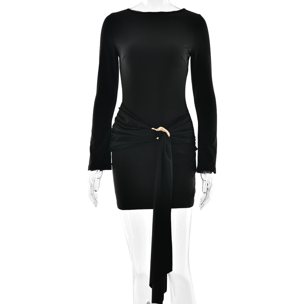 Boat Neck Ruched Side Buckle Sash Bell Sleeve Bodycon Mini Dress 3