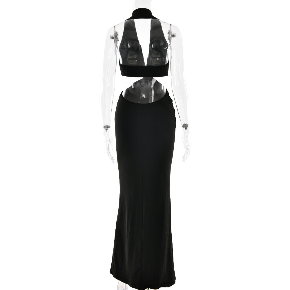 Halter Plunging V-Neck Side Waist Cutout Ring Detail Bodycon Maxi Dress 6