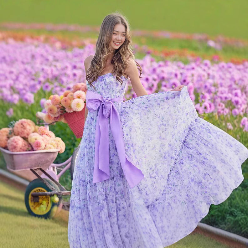 Purple Mesh Rose Print Halter Choker Ruched Mini Dress