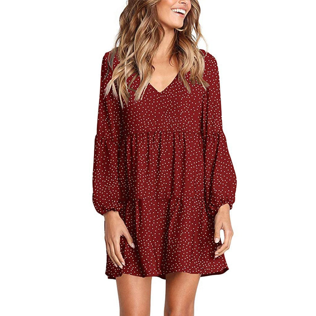 V Neck Lantern Sleeve Tiered Polka Dot Babydoll Mini Dress