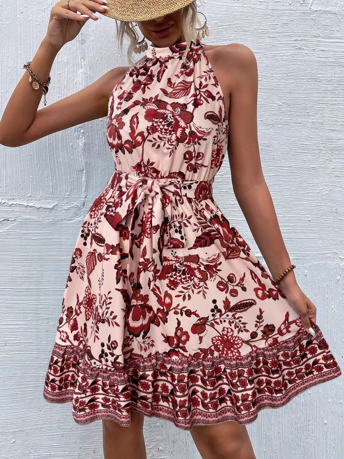 Botanical Floral Print Ruffle Halter Neck Tie Waist Border Hem Mini Dress 7