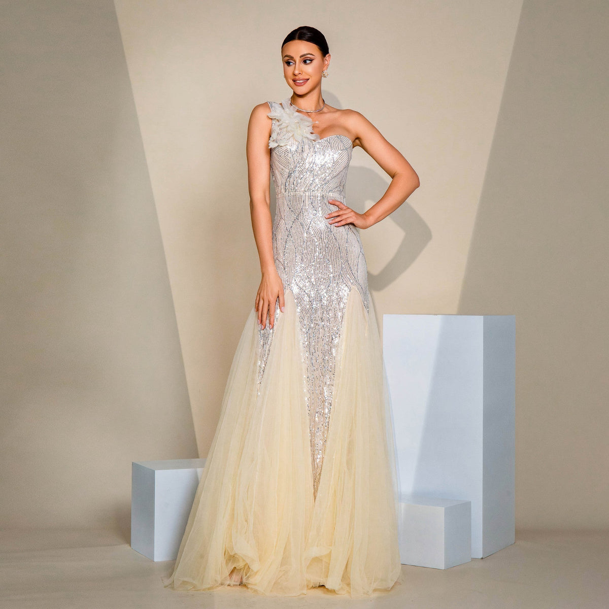 One Shoulder Rosette Applique Sequin Drop Waist Tulle Skirt Maxi Gown