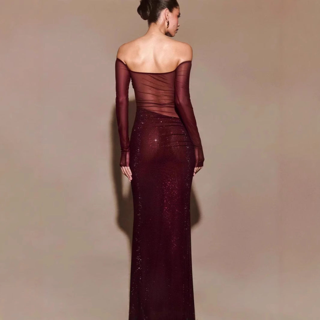Rhinestone Mesh V-Neck Long Sleeve Cutout Tie-Front Midi Dress