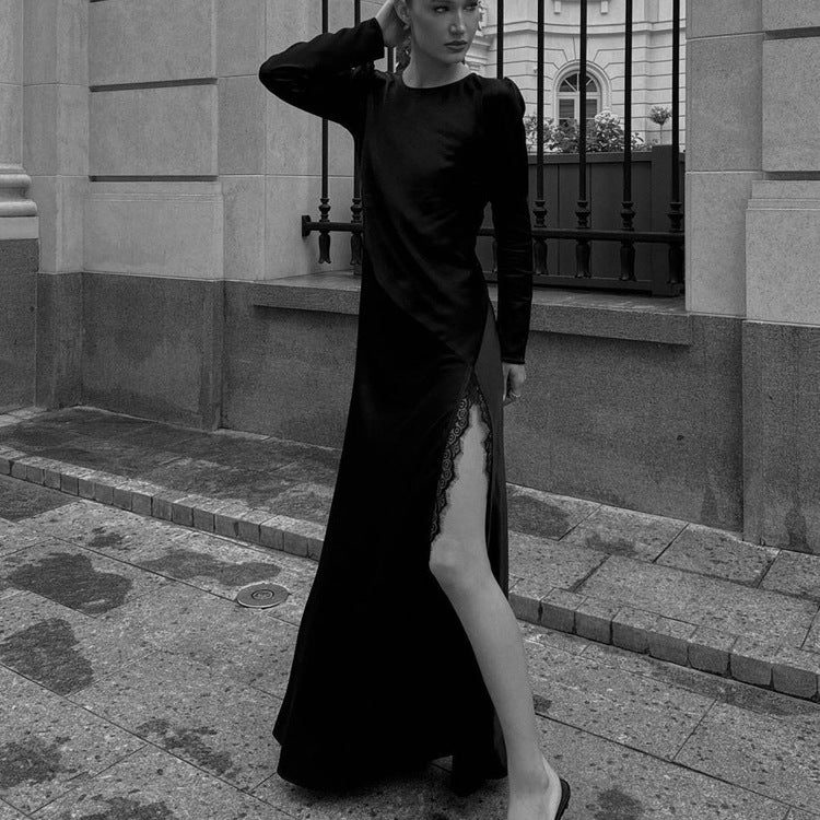 Crew Neck Long Sleeve Lace Trim High Slit Satin Maxi Dress 2