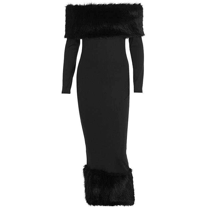 Off Shoulder Faux Fur Trim Long Sleeve Bodycon Midi Dress 4