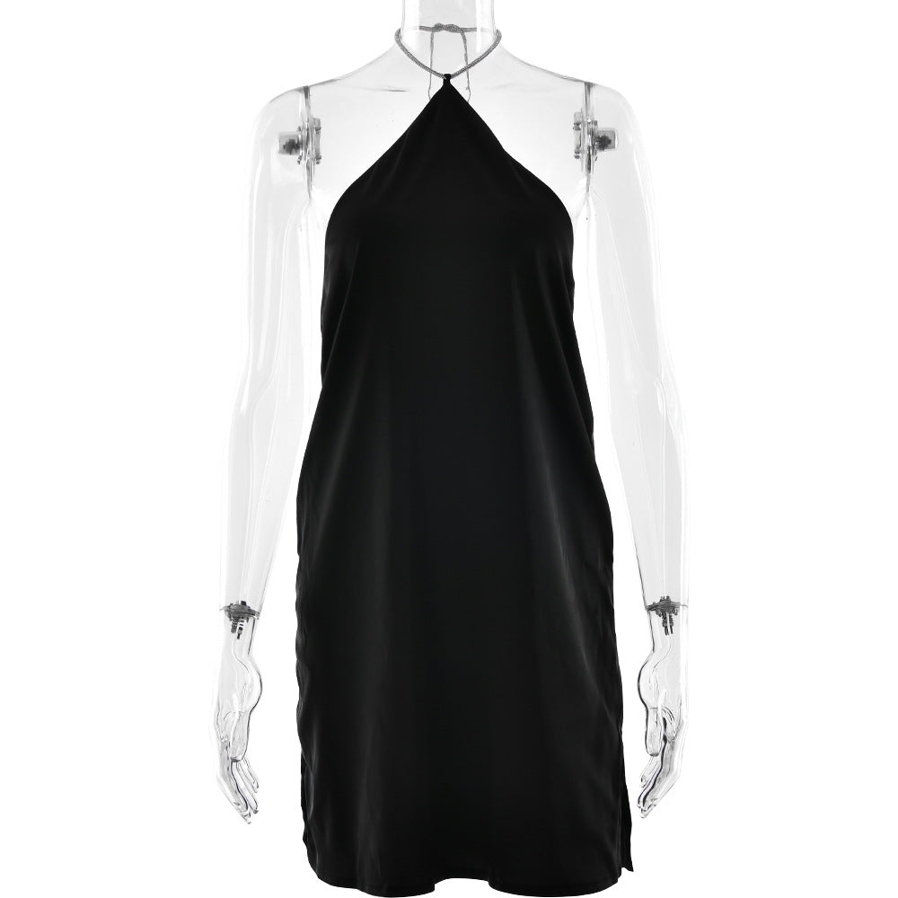 Halter Rhinestone Chain Neck Satin Shift Mini Dress 7
