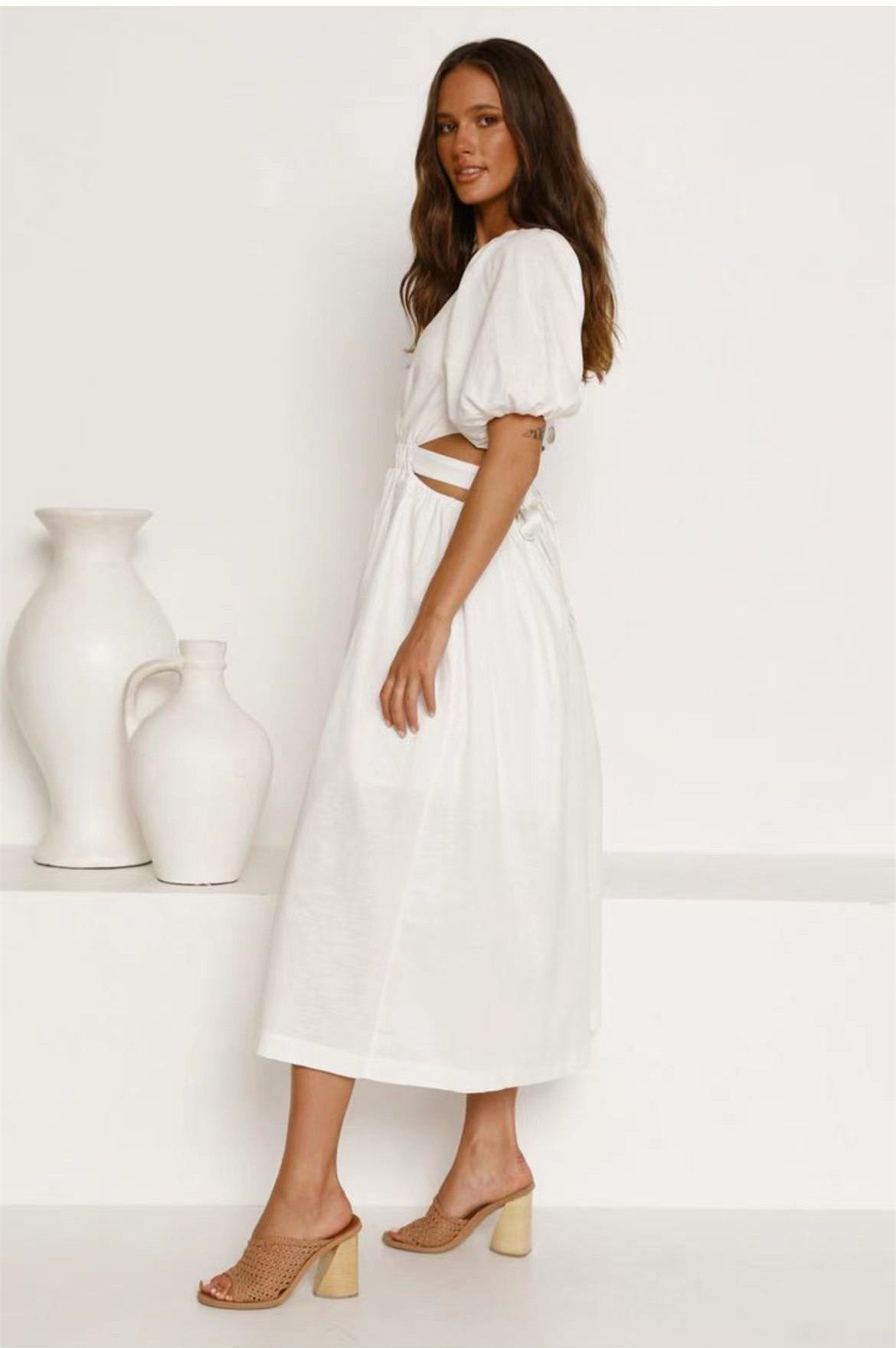Deep V-Neck Puff Sleeve Side Cut Out Smocked Waist A-Line Midi Dress 4