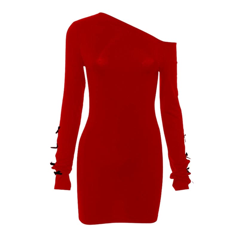 One Shoulder Bow Tie Slit Sleeve Long Sleeve Hollow Out Mini Dress 3