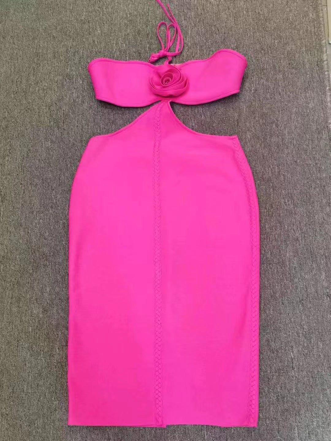 Halter Neck 3D Floral Applique Waist Cutout Bandage Bodycon Midi Dress 7