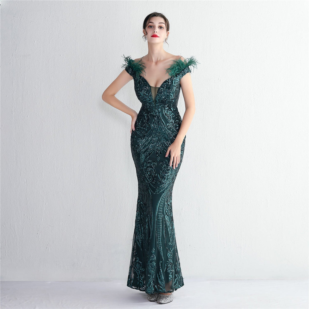 Baroque Sequin Embroidery Feather Cap Sleeve Plunge Mesh Panel Mermaid Gown