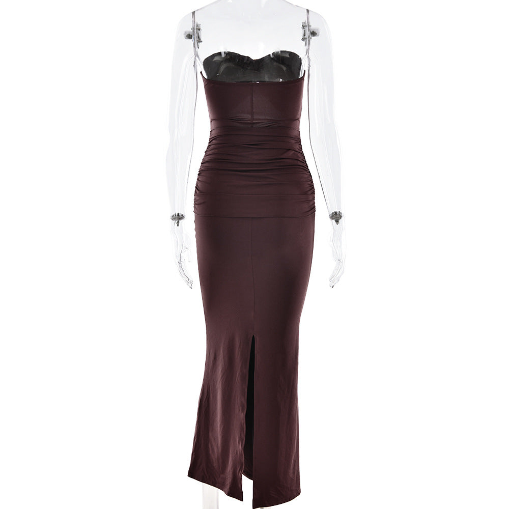 Halter Deep V Ruched Bodice Center Panel Drape Maxi Gown 9