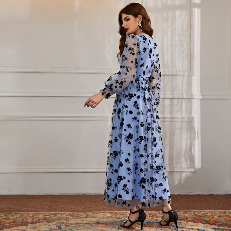 Wrap V Neck Tie Waist Sheer Floral Applique Long Sleeve Maxi Dress 2