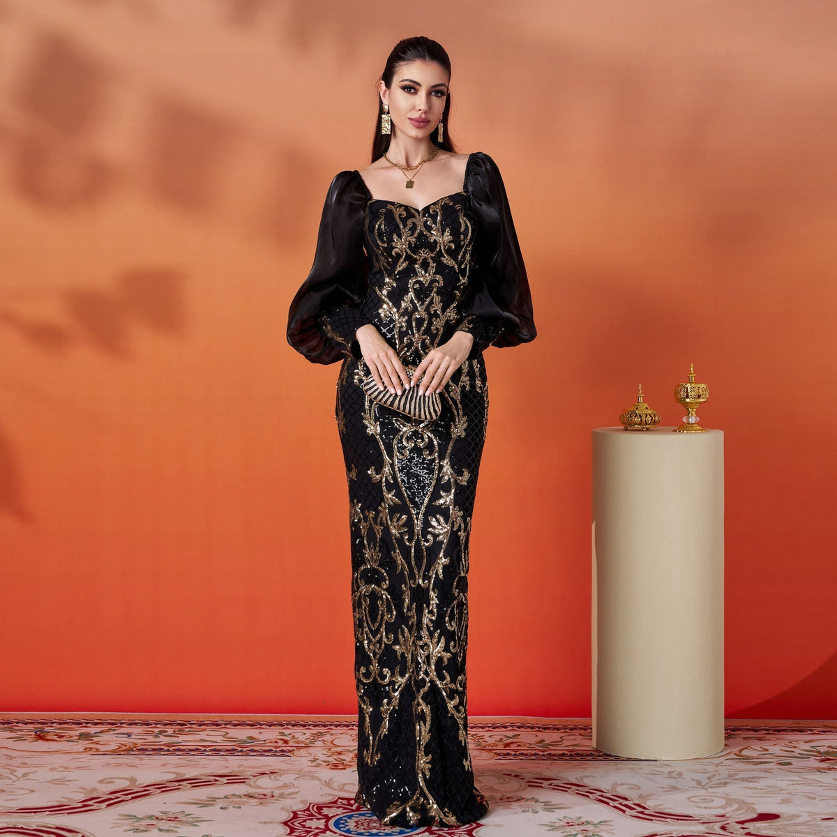 Sweetheart Neck Baroque Scroll Sequin Sheer Puff Sleeve Floor Length Gown