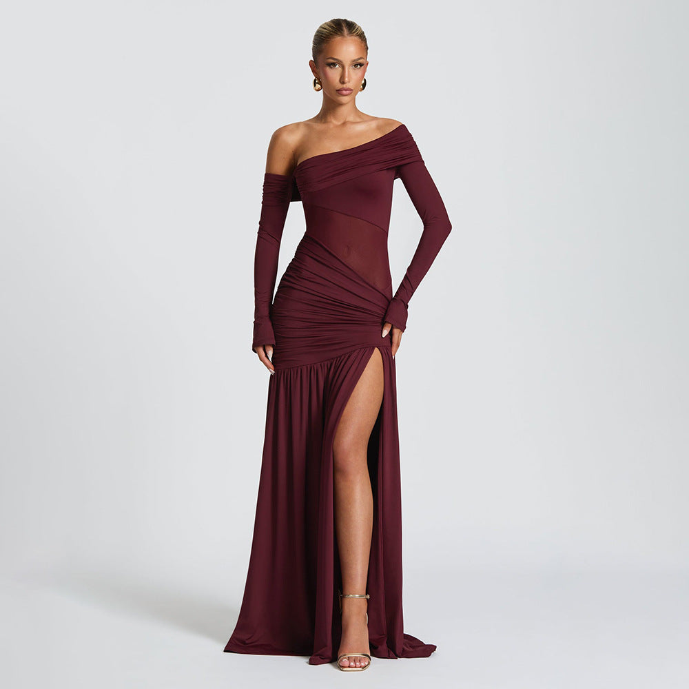 One Shoulder Diagonal Ruching Mesh Panel High Slit Maxi Gown