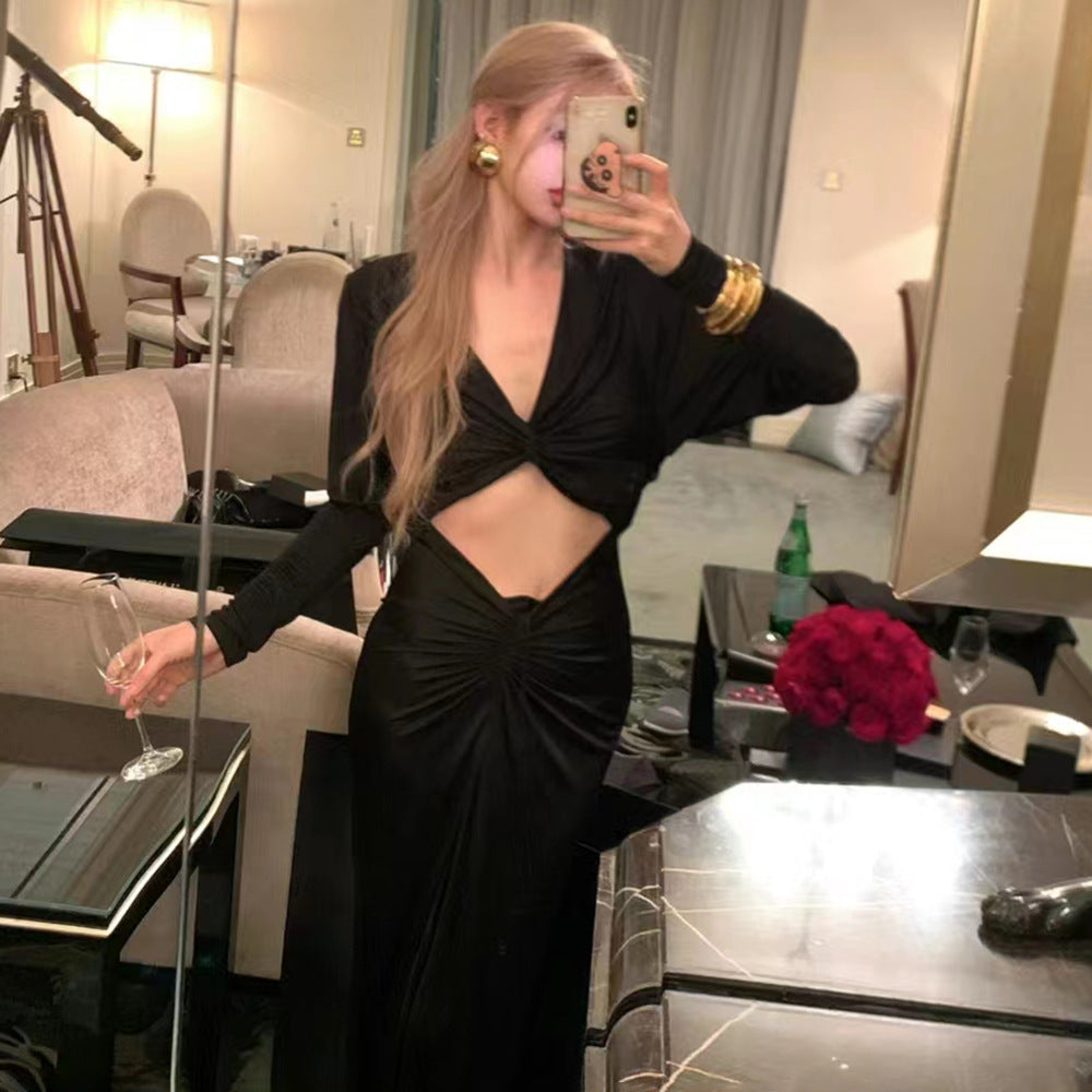 Diamond Cutout Twist Front Knotted Waist Draped Sleeve Maxi Dress 3