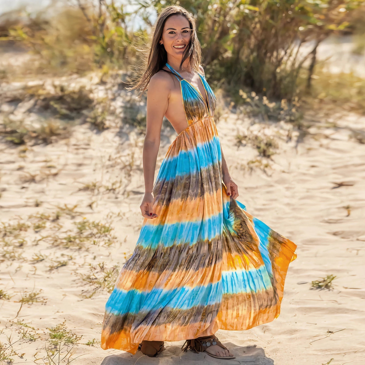 Tie Dye Stripe Print Halter Deep V Backless Empire Waist Flowy Maxi Dress