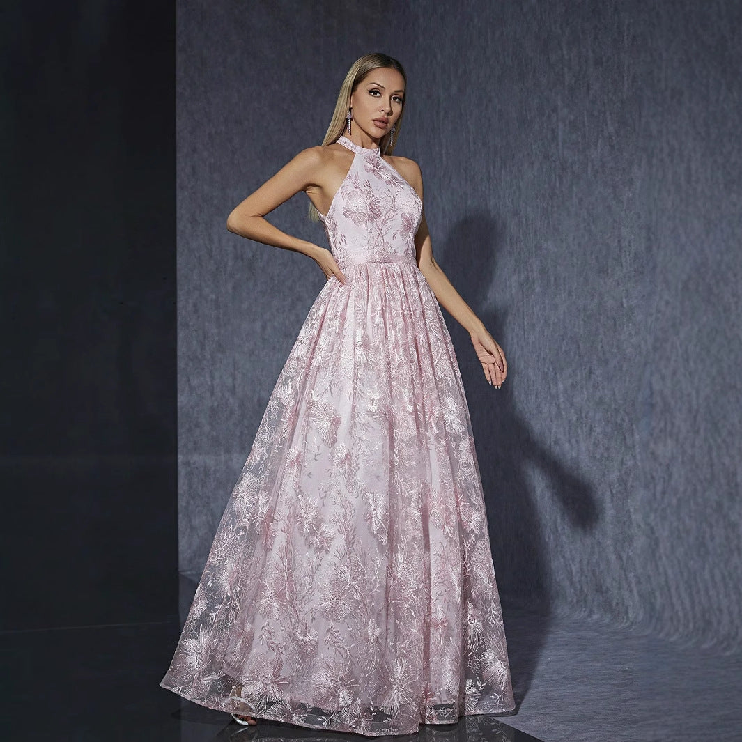 Halter Neck Floral Embroidery Mesh Overlay A-Line Maxi Gown