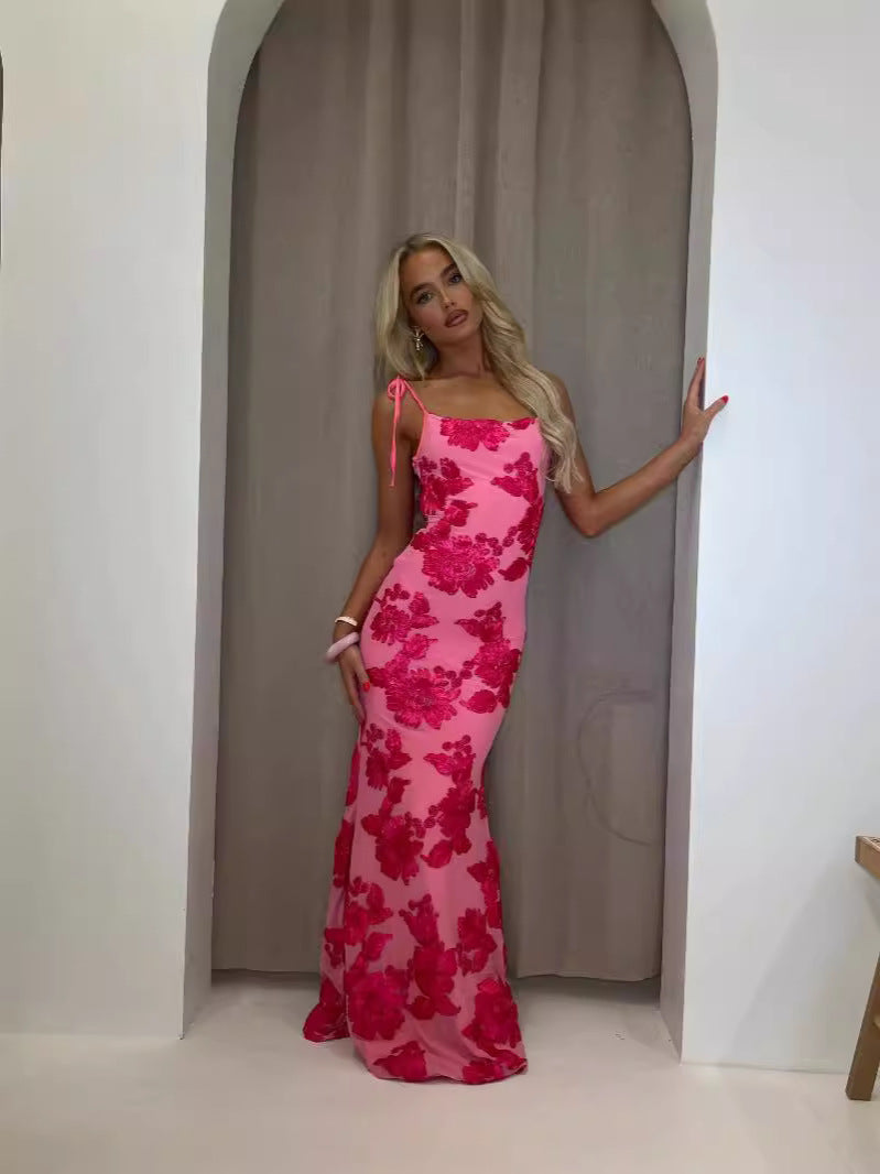Floral Print Sweetheart Corset Lace Trim Spaghetti Strap Maxi Dress 4