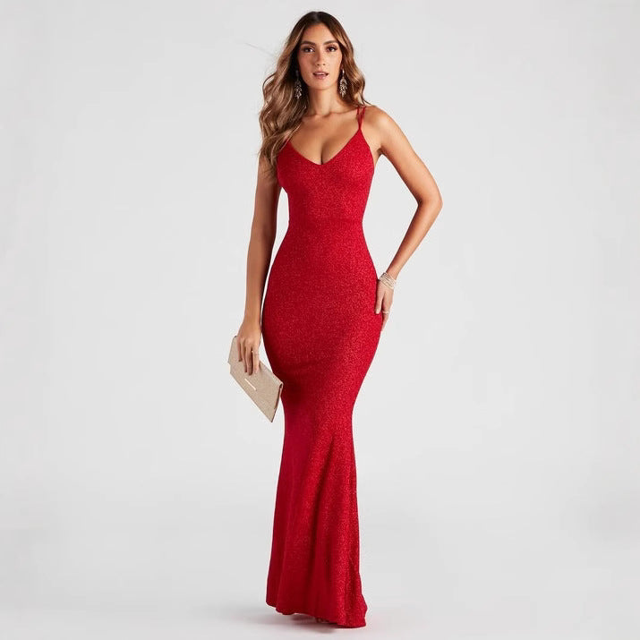 Glitter V Neck Spaghetti Strap Mermaid Bodycon Maxi Gown