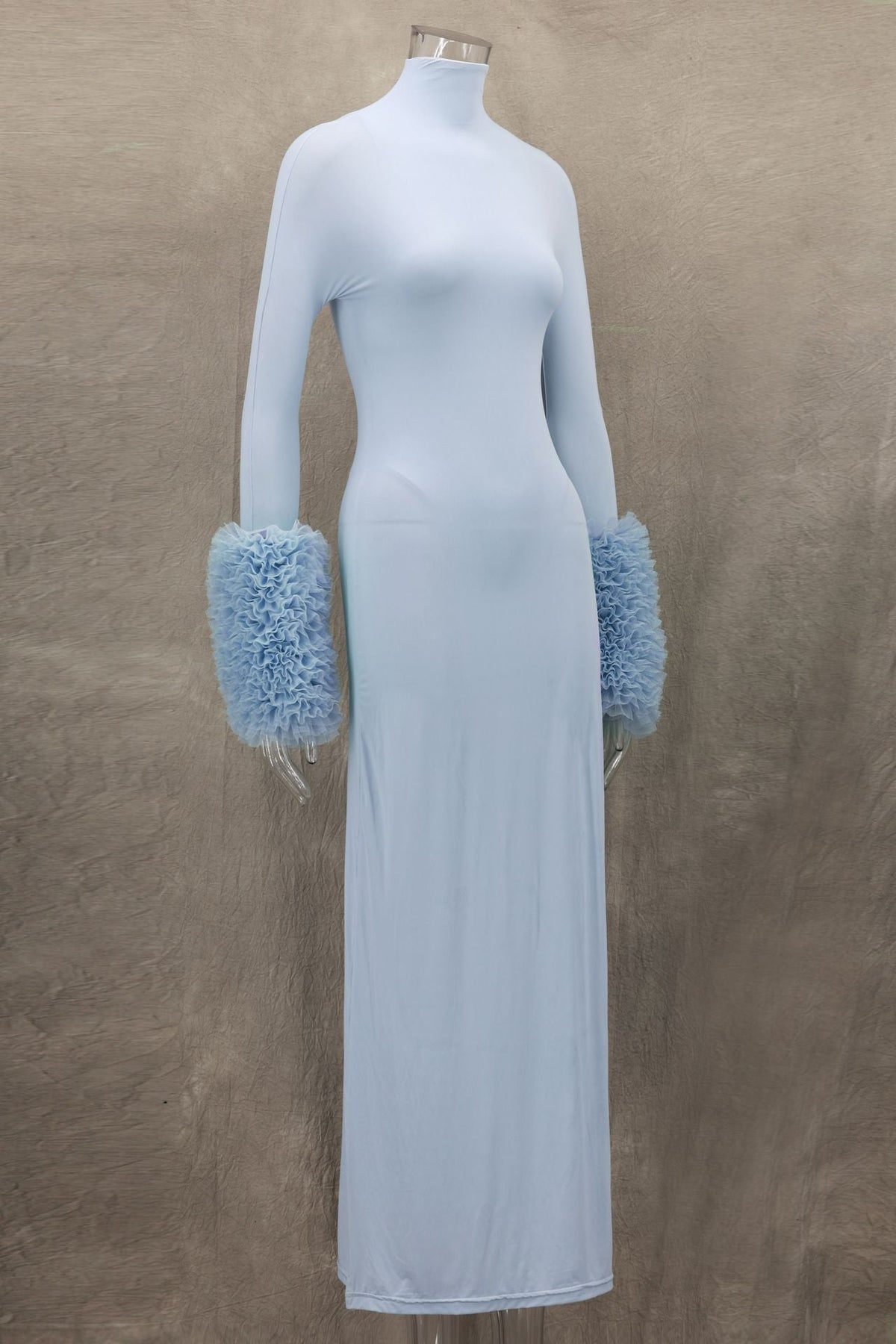 Mock Neck Ribbed Knit Oversized Ruffle Cuff Column Maxi Gown 10