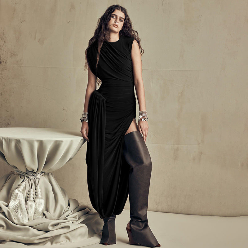 High Neck Ruched Draped High Slit Sleeveless Maxi Dress 3
