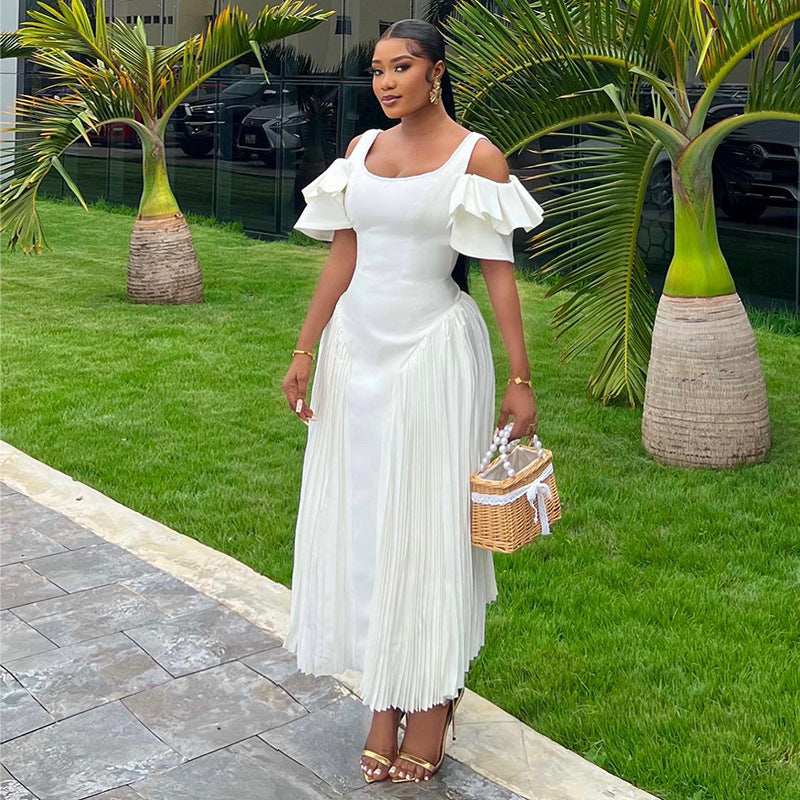 Scoop Neck Cold Shoulder Tiered Ruffle Sunray Pleated Midi Dress 3