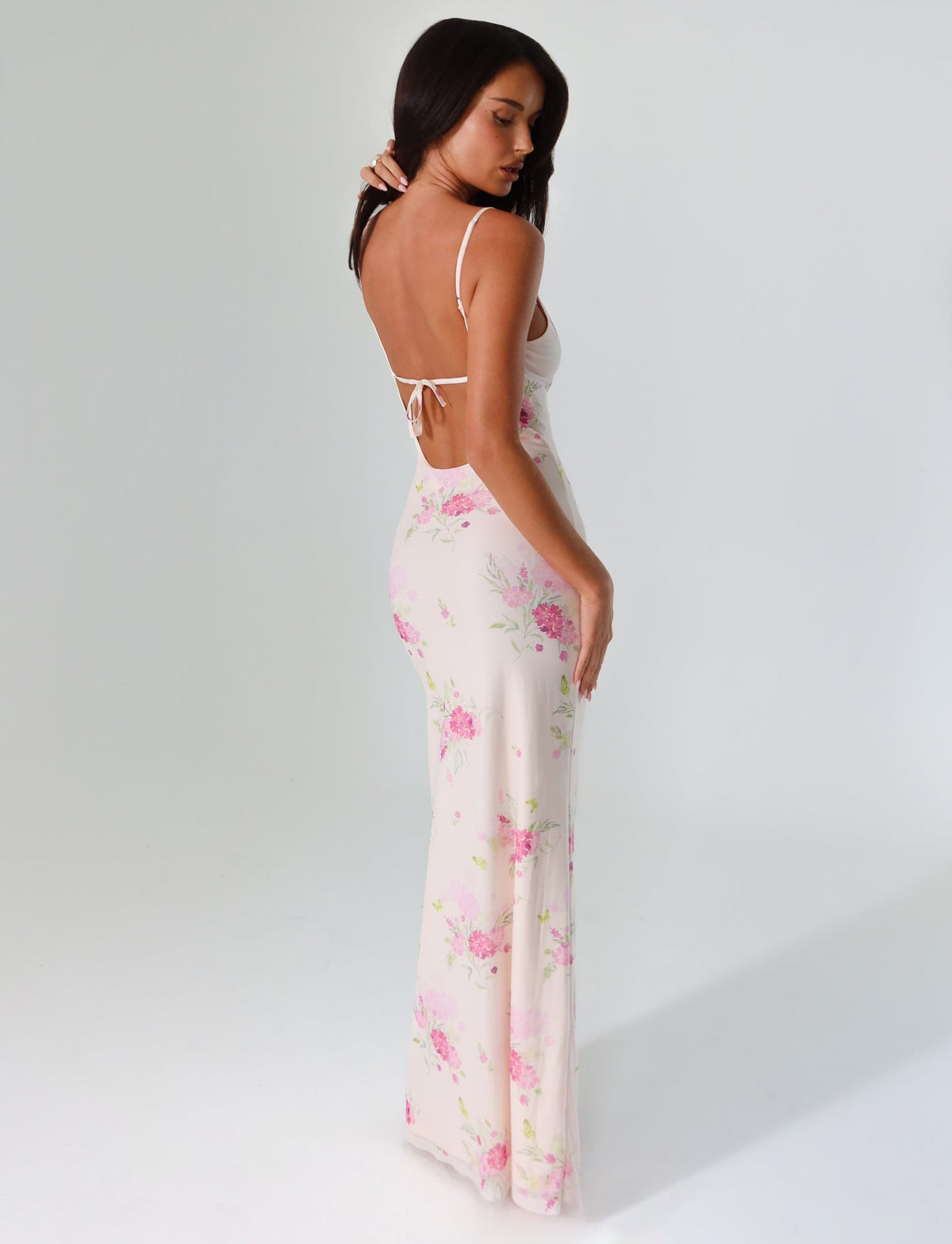 Spaghetti Strap Tie Back Floral Print Backless Maxi Dress