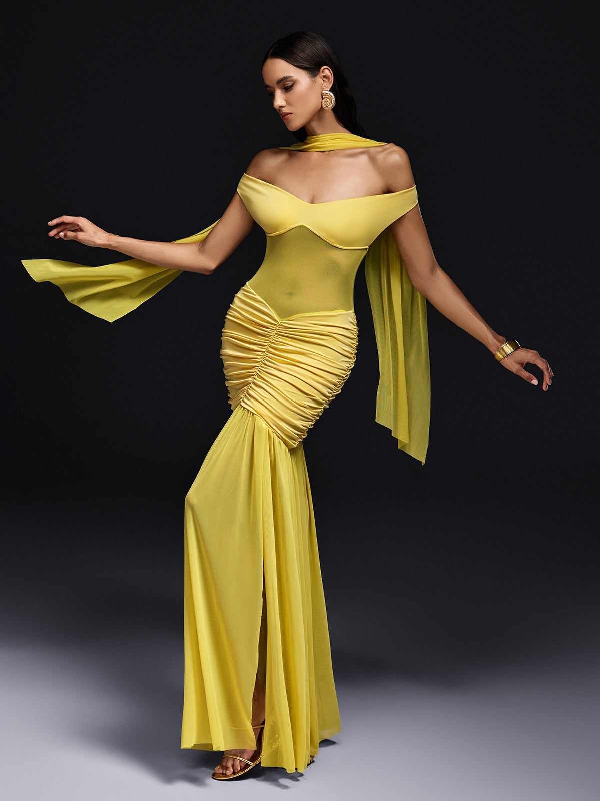 Off Shoulder Sweetheart Mesh Panel Ruched Scarf Maxi Dress 2