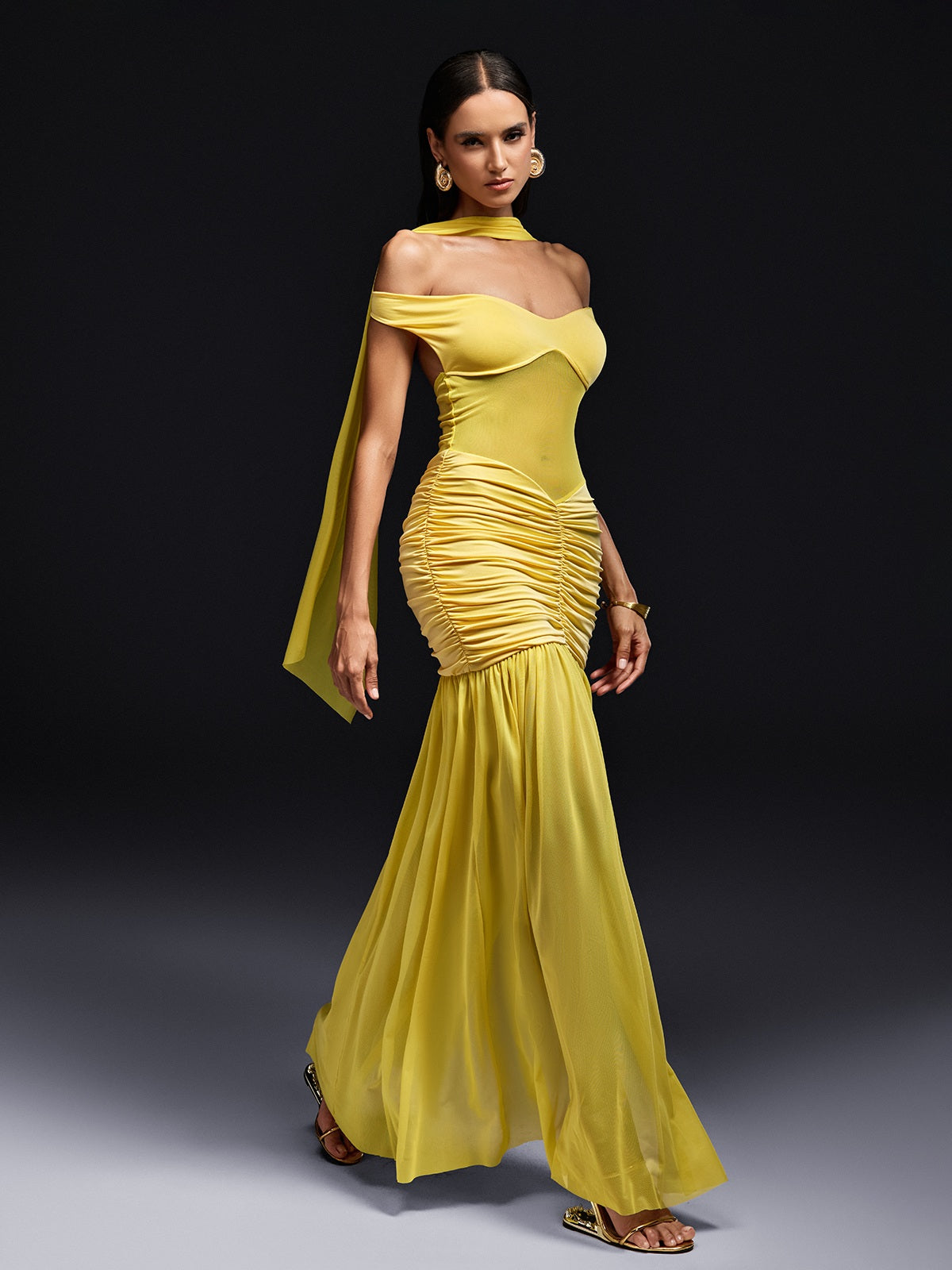 Off Shoulder Sweetheart Mesh Panel Ruched Scarf Maxi Dress 4