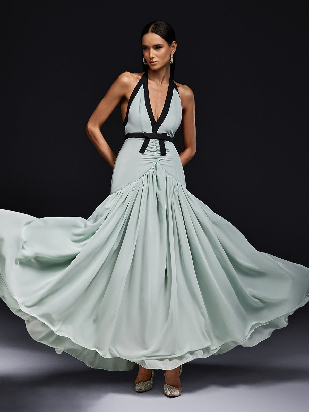 Halter Neck Deep V-Neck Bow Belt Dropped Waist Pleated Maxi Gown