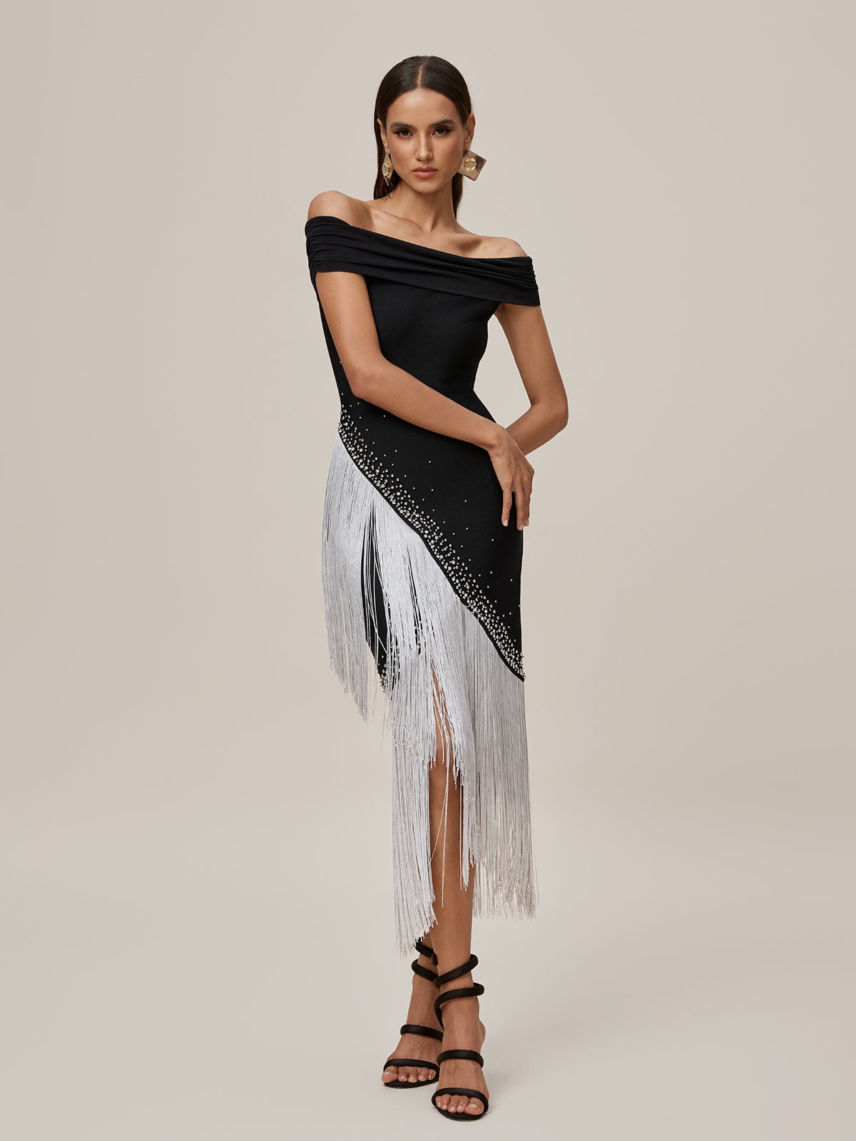 Off Shoulder Bandage Rhinestone Diagonal Fringe Trim Asymmetric Hem Midi Dress 5