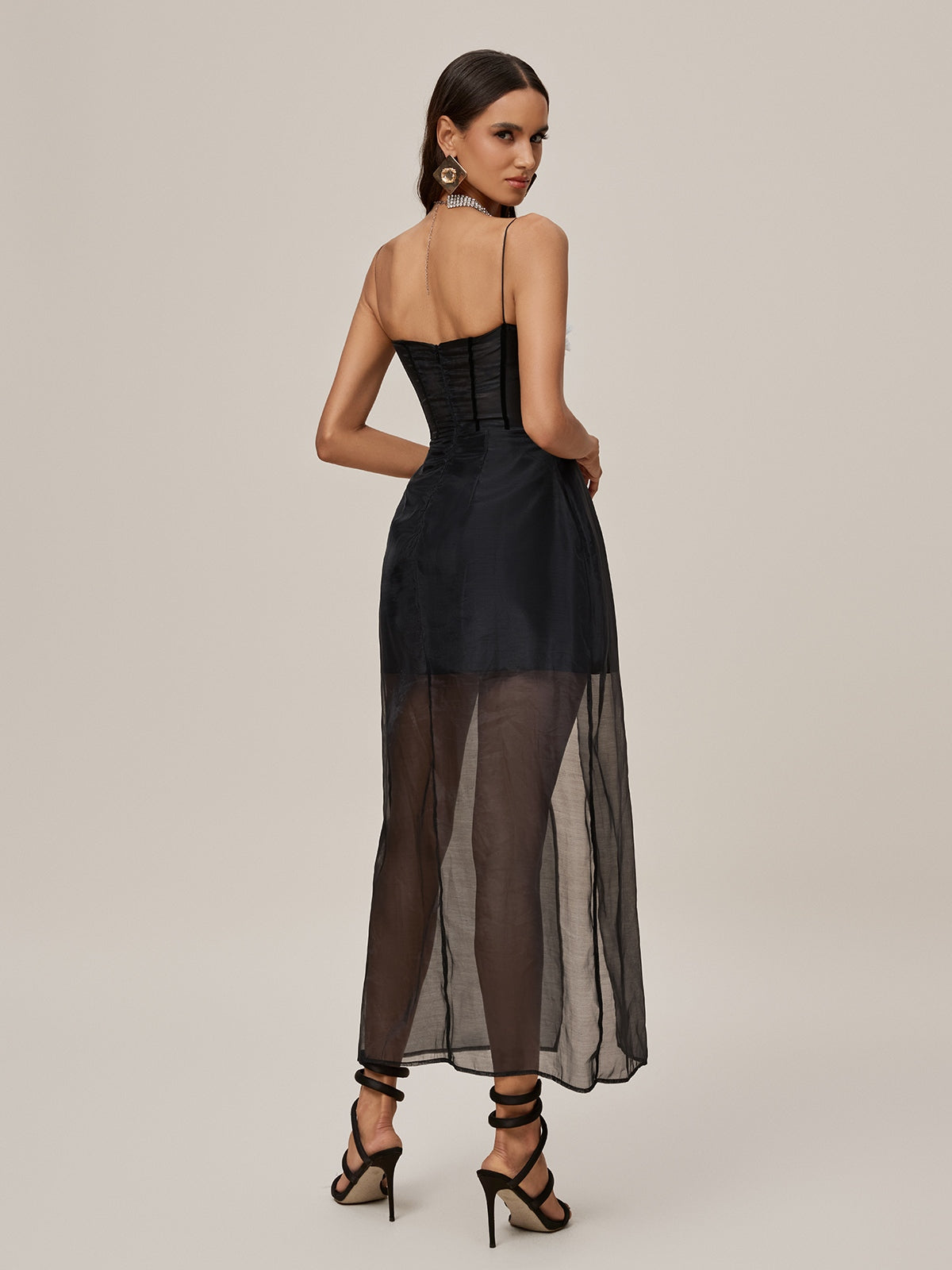 Spaghetti Strap Corset Ruffle Bust Sheer Tulle Front Split Overlay Maxi Dress 6